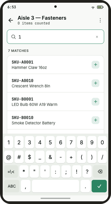 RK Stock Flow app showing barcode search and count entry